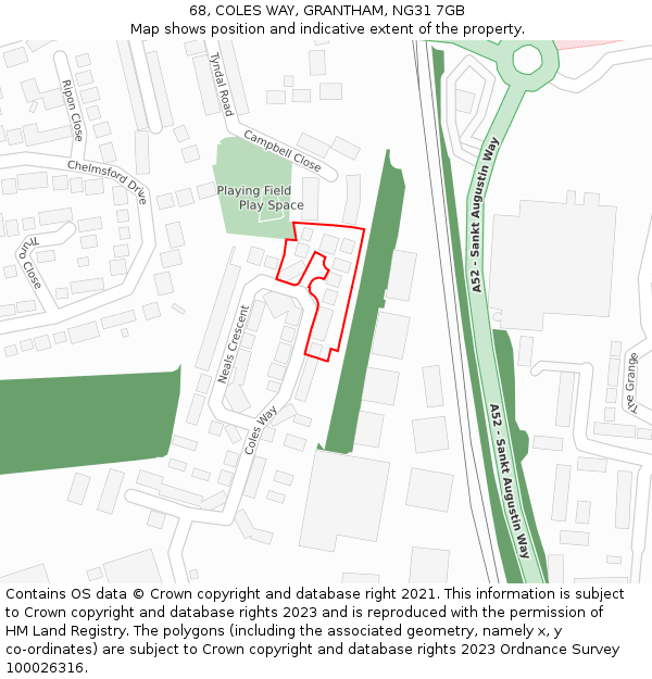 68, COLES WAY, GRANTHAM, NG31 7GB: Location map and indicative extent of plot