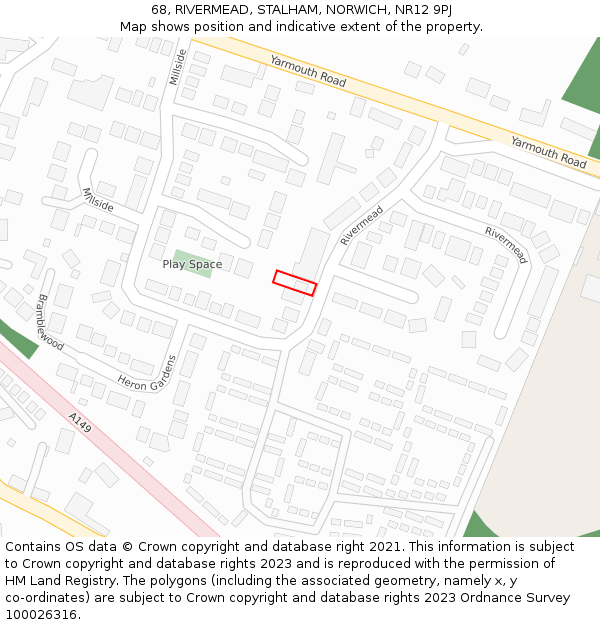 68, RIVERMEAD, STALHAM, NORWICH, NR12 9PJ: Location map and indicative extent of plot