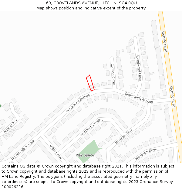 69, GROVELANDS AVENUE, HITCHIN, SG4 0QU: Location map and indicative extent of plot