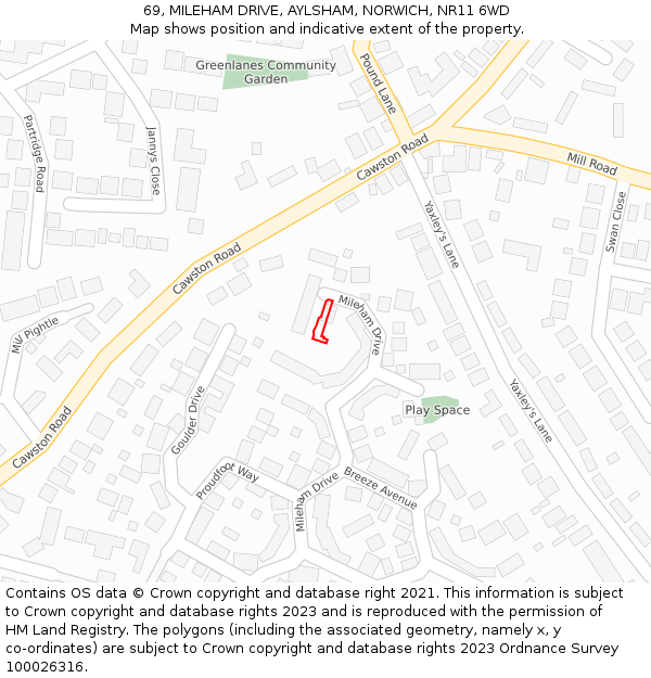 69, MILEHAM DRIVE, AYLSHAM, NORWICH, NR11 6WD: Location map and indicative extent of plot