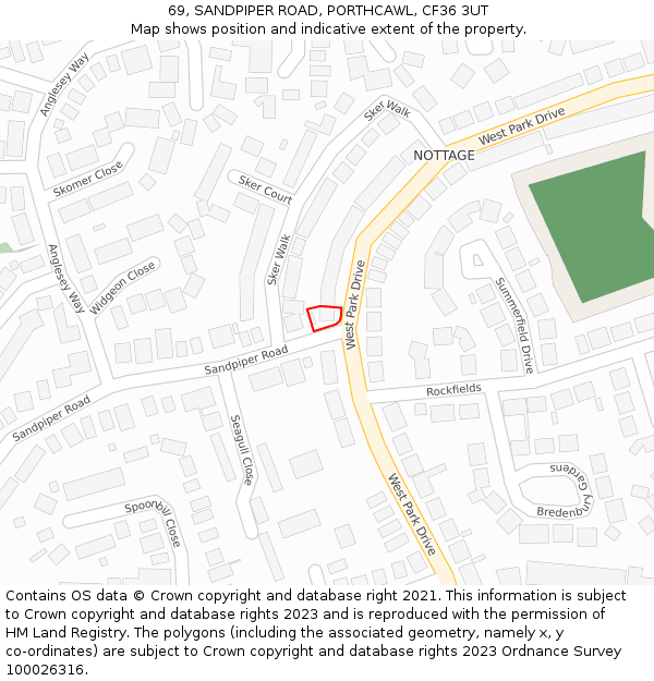 69, SANDPIPER ROAD, PORTHCAWL, CF36 3UT: Location map and indicative extent of plot