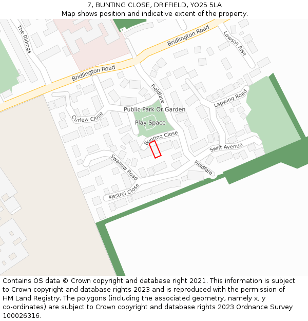 7, BUNTING CLOSE, DRIFFIELD, YO25 5LA: Location map and indicative extent of plot