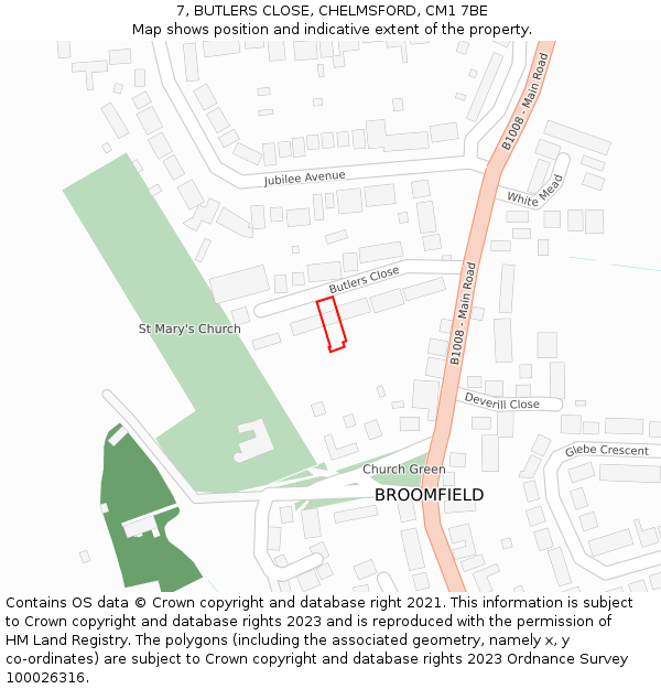 7, BUTLERS CLOSE, CHELMSFORD, CM1 7BE: Location map and indicative extent of plot