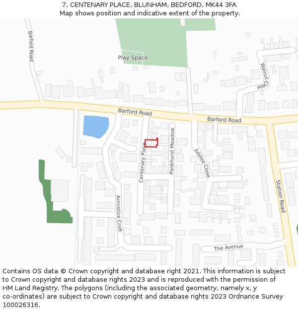 7, CENTENARY PLACE, BLUNHAM, BEDFORD, MK44 3FA: Location map and indicative extent of plot
