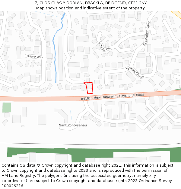 7, CLOS GLAS Y DORLAN, BRACKLA, BRIDGEND, CF31 2NY: Location map and indicative extent of plot