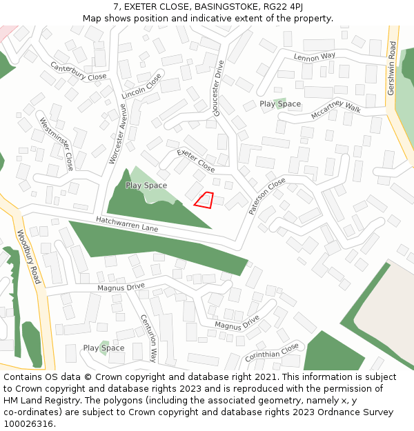 7, EXETER CLOSE, BASINGSTOKE, RG22 4PJ: Location map and indicative extent of plot