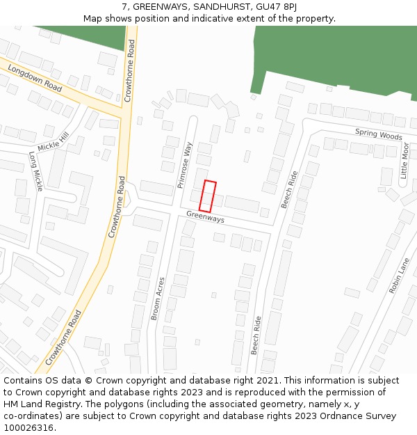 7, GREENWAYS, SANDHURST, GU47 8PJ: Location map and indicative extent of plot