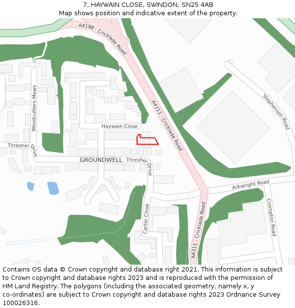 7, HAYWAIN CLOSE, SWINDON, SN25 4AB: Location map and indicative extent of plot