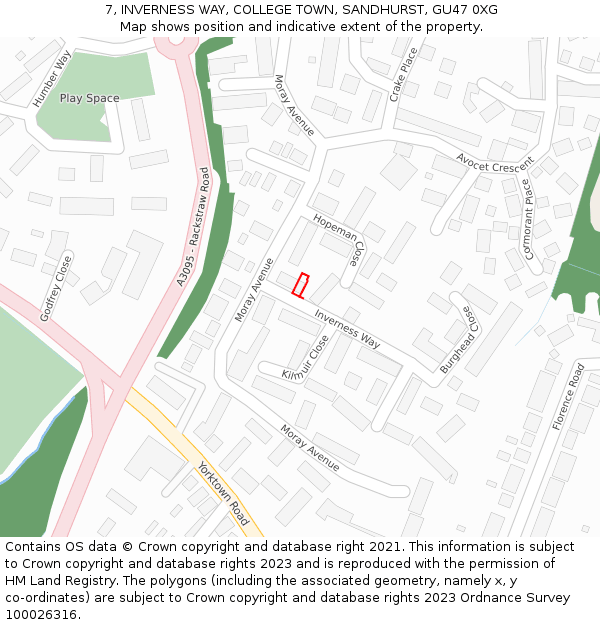 7, INVERNESS WAY, COLLEGE TOWN, SANDHURST, GU47 0XG: Location map and indicative extent of plot