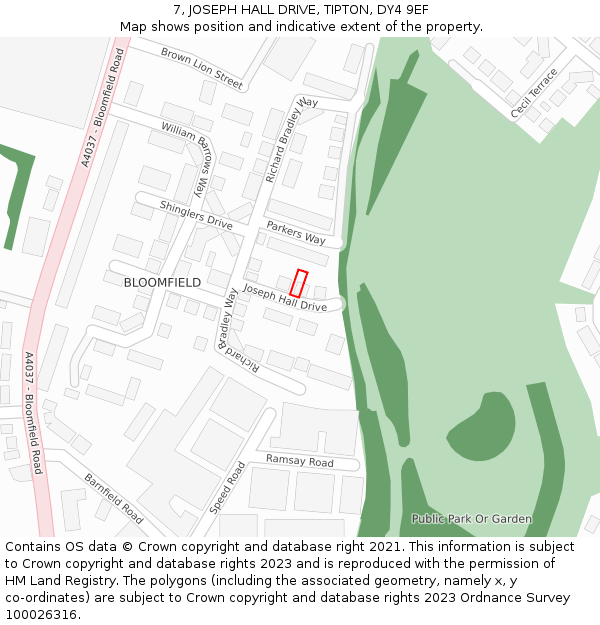7, JOSEPH HALL DRIVE, TIPTON, DY4 9EF: Location map and indicative extent of plot