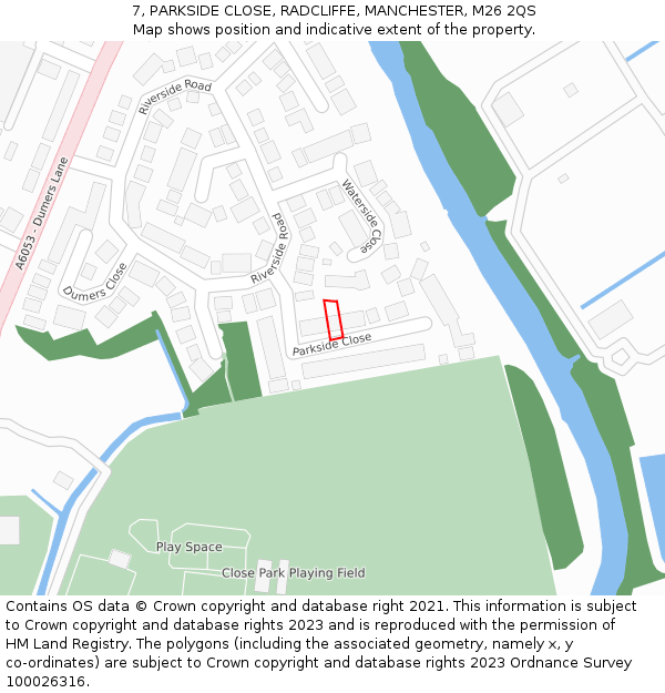 7, PARKSIDE CLOSE, RADCLIFFE, MANCHESTER, M26 2QS: Location map and indicative extent of plot