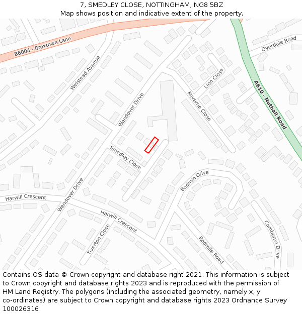 7, SMEDLEY CLOSE, NOTTINGHAM, NG8 5BZ: Location map and indicative extent of plot