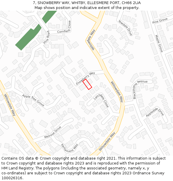 7, SNOWBERRY WAY, WHITBY, ELLESMERE PORT, CH66 2UA: Location map and indicative extent of plot
