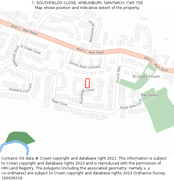 7, SOUTHFIELDS CLOSE, WYBUNBURY, NANTWICH, CW5 7SE: Location map and indicative extent of plot