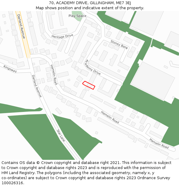 70, ACADEMY DRIVE, GILLINGHAM, ME7 3EJ: Location map and indicative extent of plot