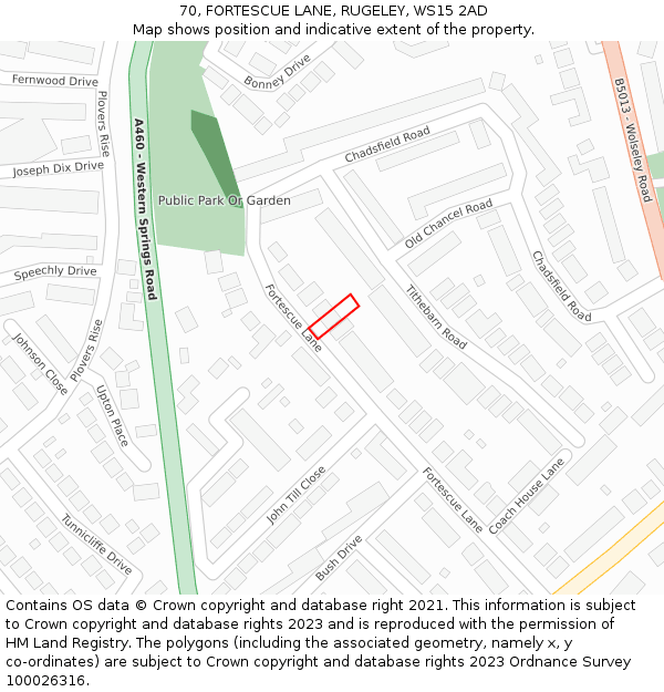 70, FORTESCUE LANE, RUGELEY, WS15 2AD: Location map and indicative extent of plot