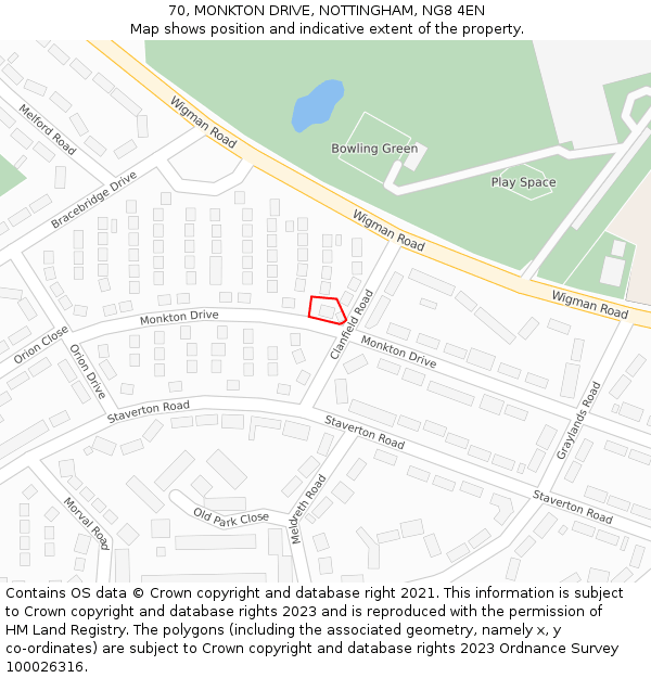 70, MONKTON DRIVE, NOTTINGHAM, NG8 4EN: Location map and indicative extent of plot