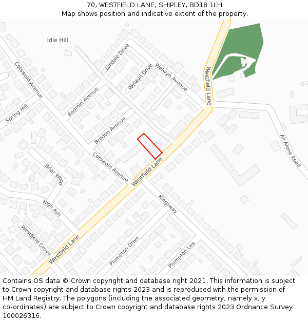 70, WESTFIELD LANE, SHIPLEY, BD18 1LH: Location map and indicative extent of plot