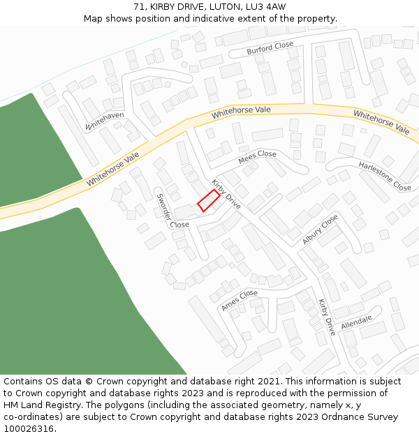71, KIRBY DRIVE, LUTON, LU3 4AW: Location map and indicative extent of plot