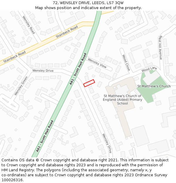 72, WENSLEY DRIVE, LEEDS, LS7 3QW: Location map and indicative extent of plot