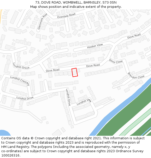 73, DOVE ROAD, WOMBWELL, BARNSLEY, S73 0SN: Location map and indicative extent of plot