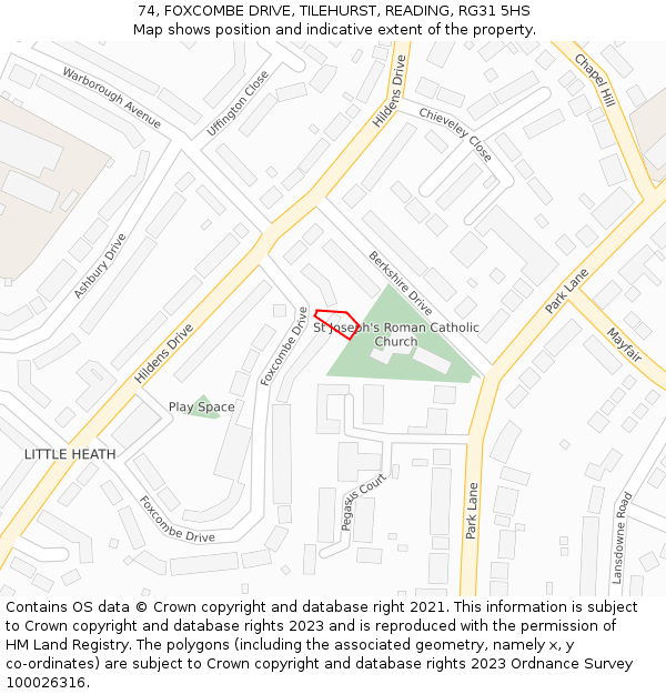 74, FOXCOMBE DRIVE, TILEHURST, READING, RG31 5HS: Location map and indicative extent of plot