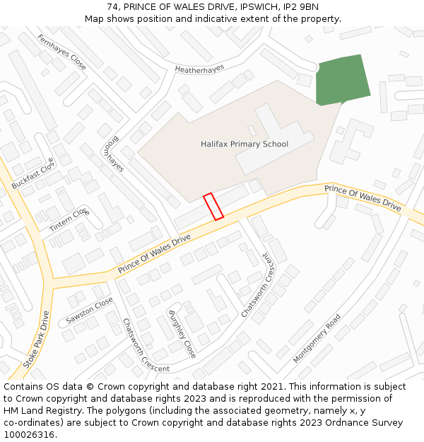 74, PRINCE OF WALES DRIVE, IPSWICH, IP2 9BN: Location map and indicative extent of plot
