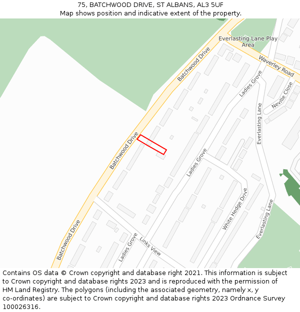 75, BATCHWOOD DRIVE, ST ALBANS, AL3 5UF: Location map and indicative extent of plot