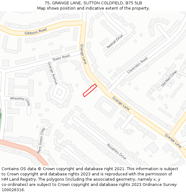 75, GRANGE LANE, SUTTON COLDFIELD, B75 5LB: Location map and indicative extent of plot