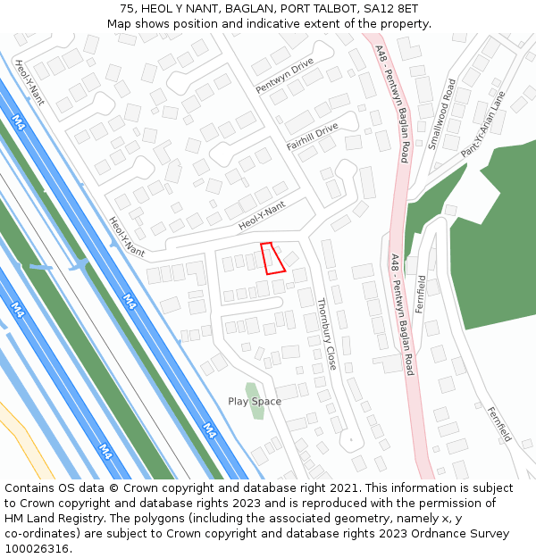 75, HEOL Y NANT, BAGLAN, PORT TALBOT, SA12 8ET: Location map and indicative extent of plot