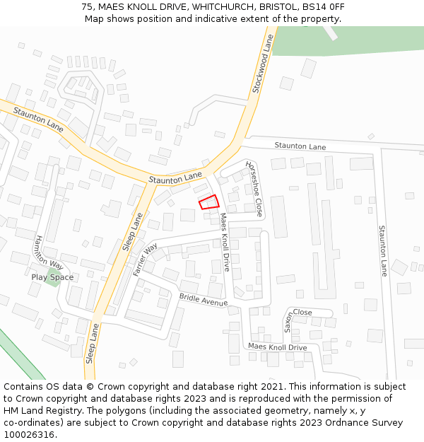 75, MAES KNOLL DRIVE, WHITCHURCH, BRISTOL, BS14 0FF: Location map and indicative extent of plot