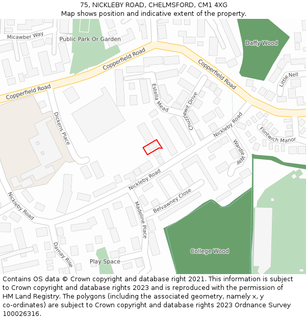 75, NICKLEBY ROAD, CHELMSFORD, CM1 4XG: Location map and indicative extent of plot