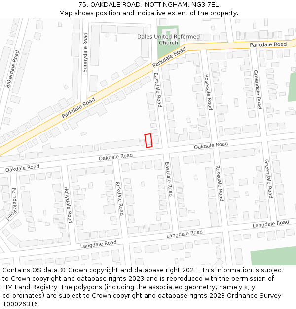 75, OAKDALE ROAD, NOTTINGHAM, NG3 7EL: Location map and indicative extent of plot