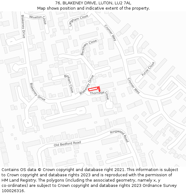 76, BLAKENEY DRIVE, LUTON, LU2 7AL: Location map and indicative extent of plot