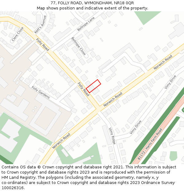 77, FOLLY ROAD, WYMONDHAM, NR18 0QR: Location map and indicative extent of plot