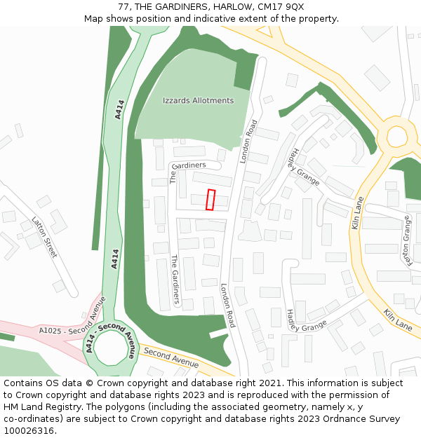 77, THE GARDINERS, HARLOW, CM17 9QX: Location map and indicative extent of plot