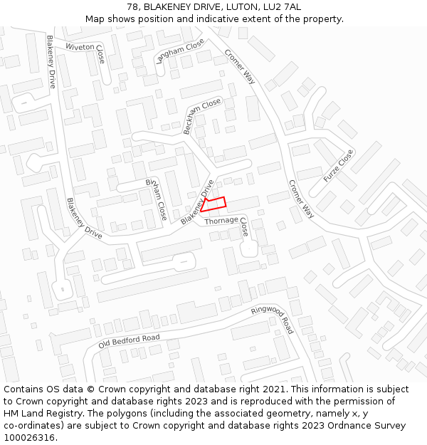 78, BLAKENEY DRIVE, LUTON, LU2 7AL: Location map and indicative extent of plot