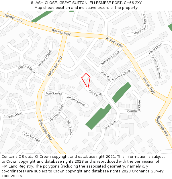 8, ASH CLOSE, GREAT SUTTON, ELLESMERE PORT, CH66 2XY: Location map and indicative extent of plot
