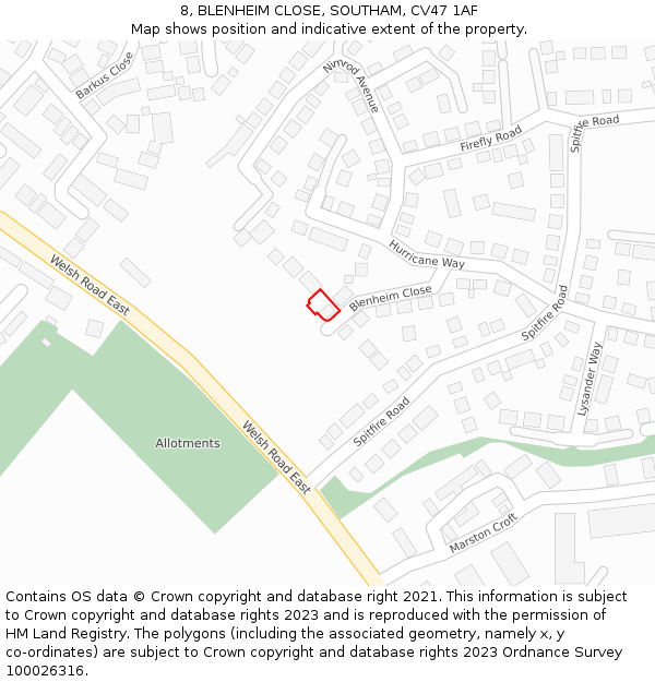 8, BLENHEIM CLOSE, SOUTHAM, CV47 1AF: Location map and indicative extent of plot