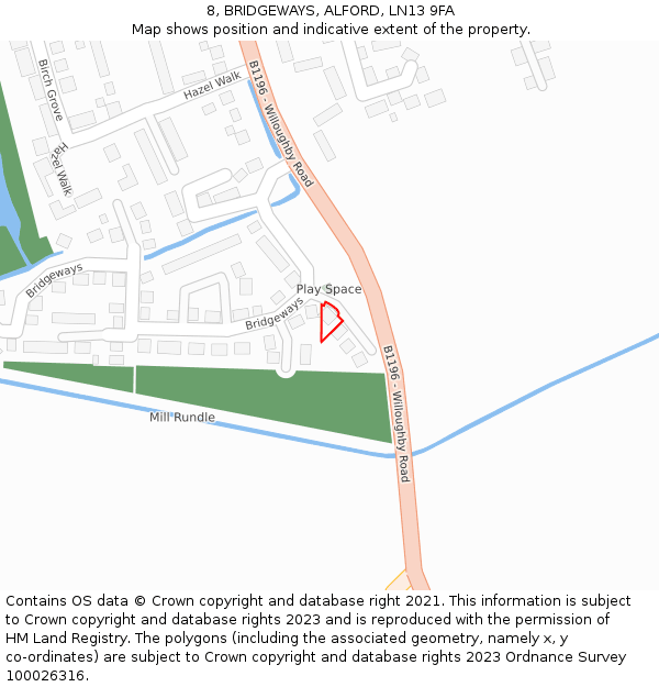 8, BRIDGEWAYS, ALFORD, LN13 9FA: Location map and indicative extent of plot