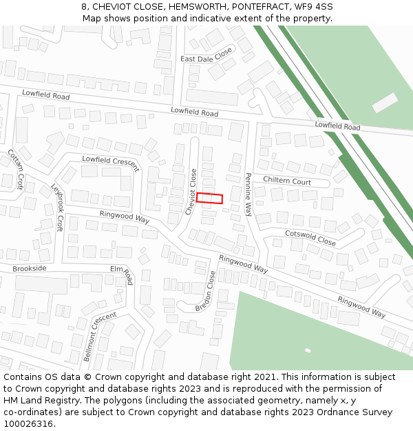 8, CHEVIOT CLOSE, HEMSWORTH, PONTEFRACT, WF9 4SS: Location map and indicative extent of plot