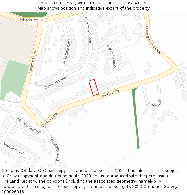 8, CHURCH LANE, WHITCHURCH, BRISTOL, BS14 0HA: Location map and indicative extent of plot