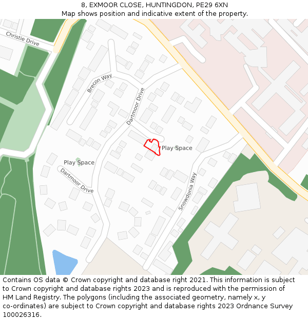 8, EXMOOR CLOSE, HUNTINGDON, PE29 6XN: Location map and indicative extent of plot
