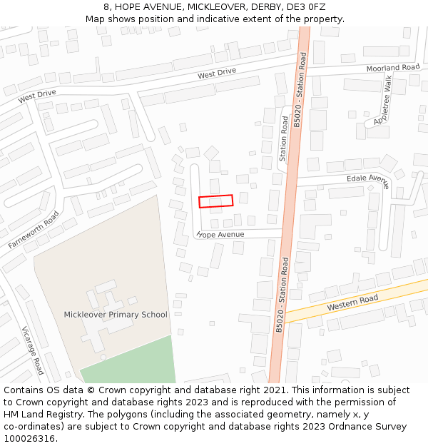 8, HOPE AVENUE, MICKLEOVER, DERBY, DE3 0FZ: Location map and indicative extent of plot