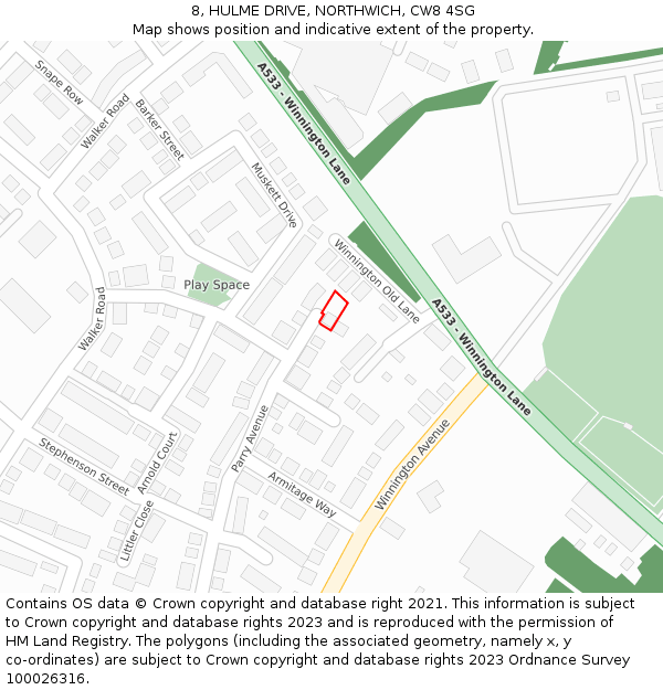 8, HULME DRIVE, NORTHWICH, CW8 4SG: Location map and indicative extent of plot