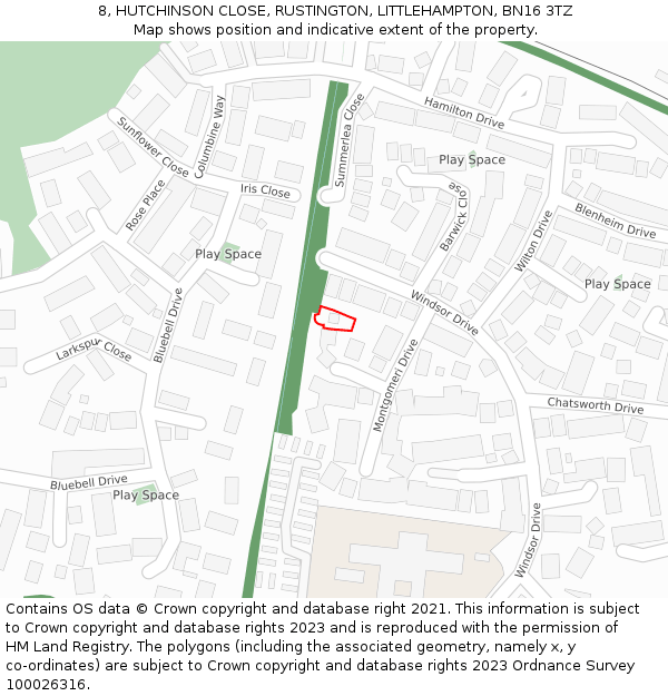 8, HUTCHINSON CLOSE, RUSTINGTON, LITTLEHAMPTON, BN16 3TZ: Location map and indicative extent of plot