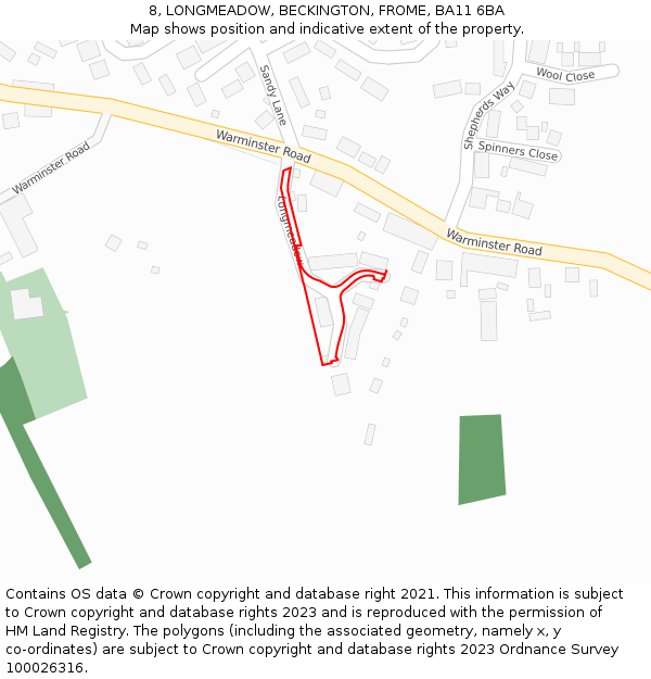 8, LONGMEADOW, BECKINGTON, FROME, BA11 6BA: Location map and indicative extent of plot