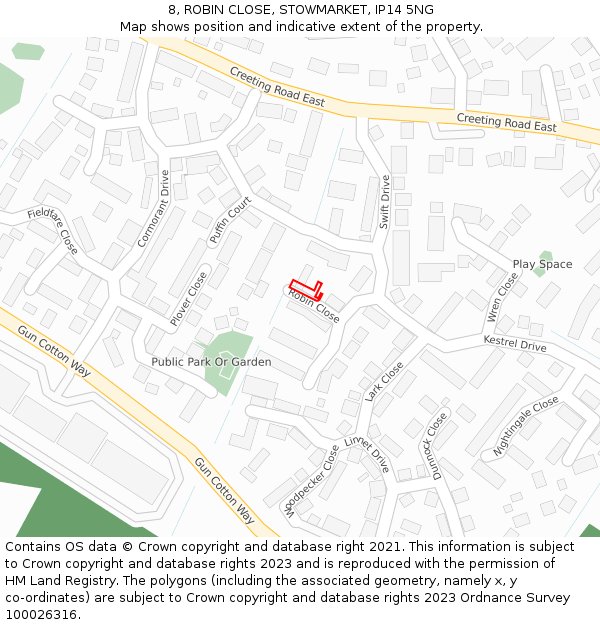 8, ROBIN CLOSE, STOWMARKET, IP14 5NG: Location map and indicative extent of plot