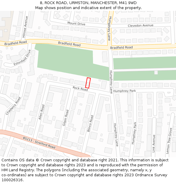 8, ROCK ROAD, URMSTON, MANCHESTER, M41 9WD: Location map and indicative extent of plot