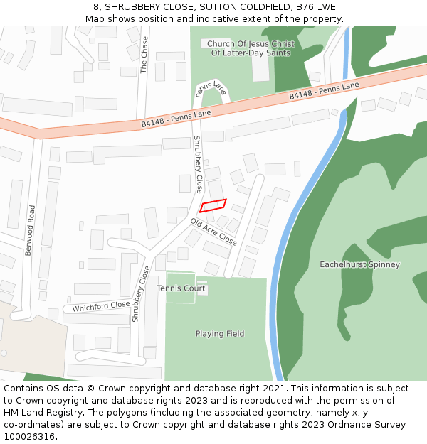8, SHRUBBERY CLOSE, SUTTON COLDFIELD, B76 1WE: Location map and indicative extent of plot